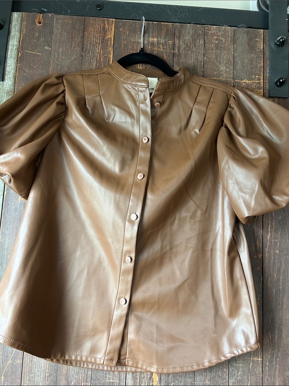 Women’s Brown Faux-Leather Puff Sleeve Button-Down Shirt